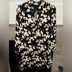 🎆DR2 Sz ~ S Black Floral V-Neck A-Line Dress with Neck Tie